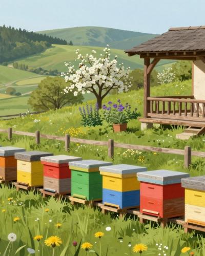 AI-generated illustration of Kozmus Beekeeping Farm, a traditional Slovenian bee house with brightly painted hive fronts in a flowering hillside meadow