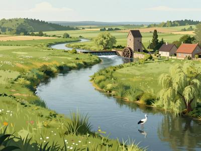 AI-generated illustration of Lahinja Regional Park, a slow karst river meandering through reedy marshes, meadows and birch groves in Bela Krajina