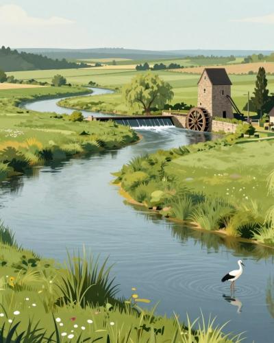 AI-generated illustration of Lahinja Regional Park, a slow karst river meandering through reedy marshes, meadows and birch groves in Bela Krajina