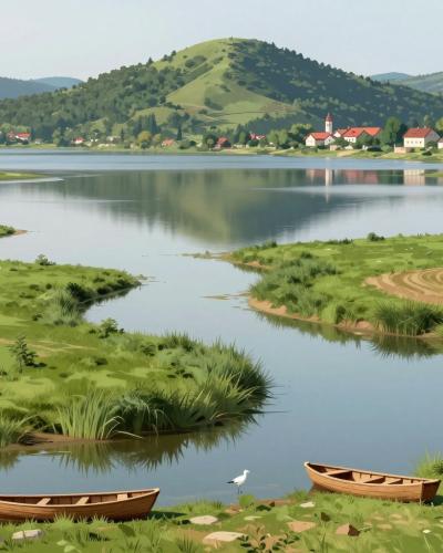 AI-generated illustration of Lake Cerknica, the intermittent karst lake near Cerknica, with winding channels, marsh meadows and forested hills