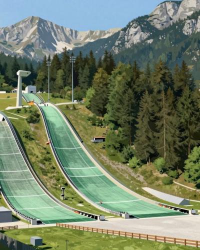 AI-generated illustration of the Large Rozman/Bloudek ski jumping hill complex in the Planica valley, with green summer matting on the landing slopes