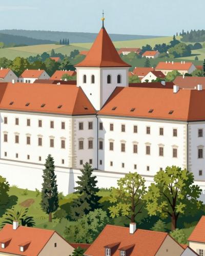 AI-generated illustration of Lendava Castle, the whitewashed baroque castle on its wooded hill above the town