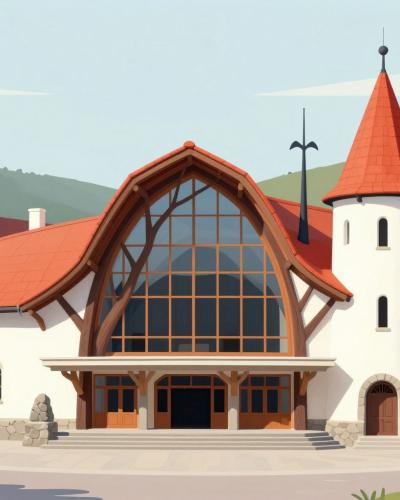 AI-generated illustration of the Lendava Cultural Center's organic architecture with St. Catherine's Church tower on the hillside behind
