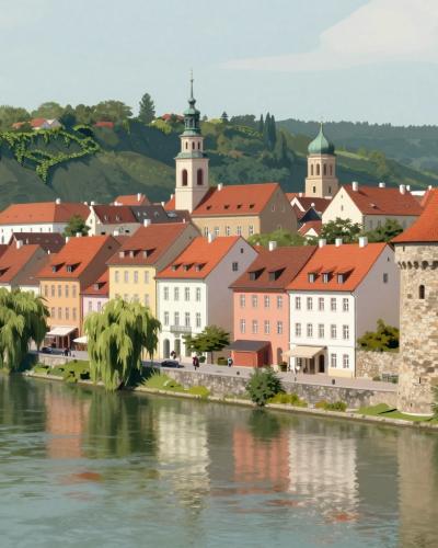 AI-generated illustration of the Lent district riverfront along the Drava in Maribor, with pastel townhouses and medieval towers