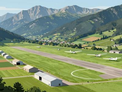 AI-generated illustration of Lesce Alpine Sports Airfield, a small gliding and sports airfield on the valley floor beneath the Alps near Lesce