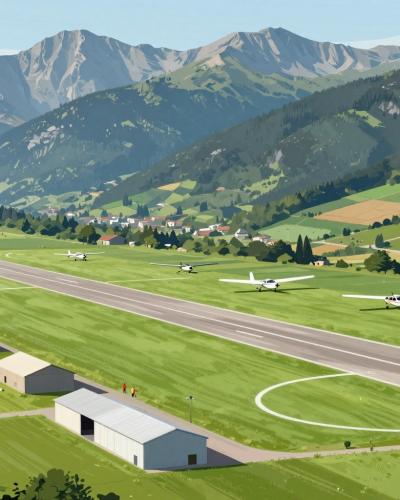 AI-generated illustration of Lesce Alpine Sports Airfield, a small gliding and sports airfield on the valley floor beneath the Alps near Lesce