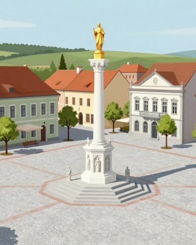 AI-generated illustration of Ljutomer Main Square with its baroque Marian column and pastel townhouses
