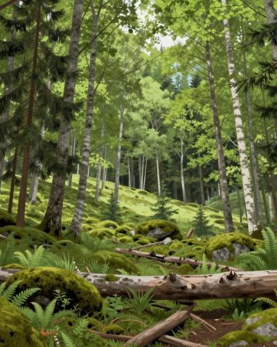 AI-generated illustration of Lobnica Primeval Forest, old-growth beech, spruce and fir woodland in the Pohorje hills