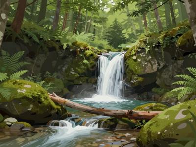 AI-generated illustration of the Lobnica Stream with a forest waterfall and mossy rocks near Šumik