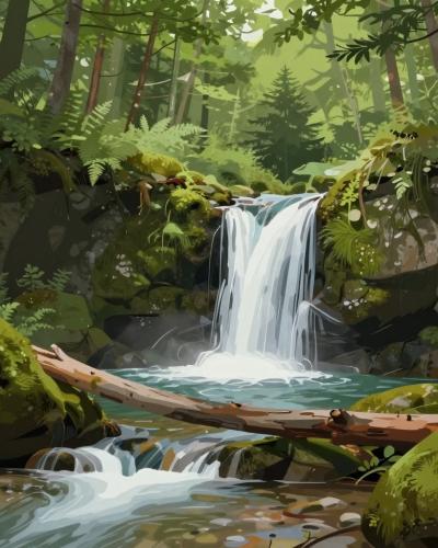 AI-generated illustration of the Lobnica Stream with a forest waterfall and mossy rocks near Šumik