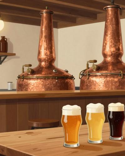 AI-generated illustration of local craft breweries in Črnomelj — a cozy taproom with copper kettles and a flight of beers