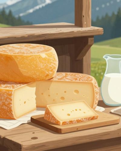 AI-generated illustration of local cheese and dairy products sold by farmers on the Pokljuka mountain pastures