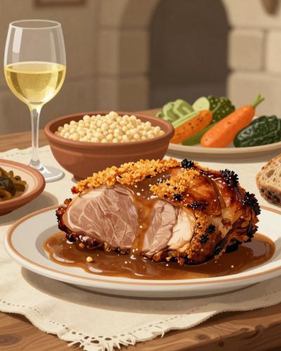 AI-generated illustration of local cuisine in Celje — hearty roast meat with buckwheat porridge, vegetables and white wine