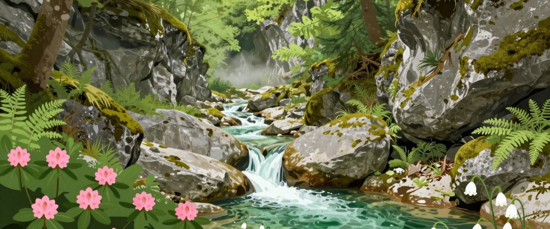 Lush vegetation and alpine plants (rhododendrons, spring snowflakes)
