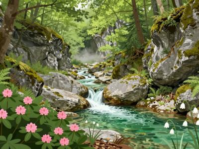 AI-generated illustration of lush vegetation and alpine plants (rhododendrons, spring snowflakes) in Iski Vintgar, Slovenia