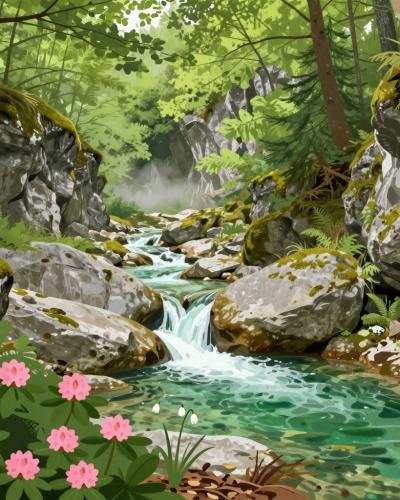 AI-generated illustration of lush vegetation and alpine plants (rhododendrons, spring snowflakes) in Iski Vintgar, Slovenia