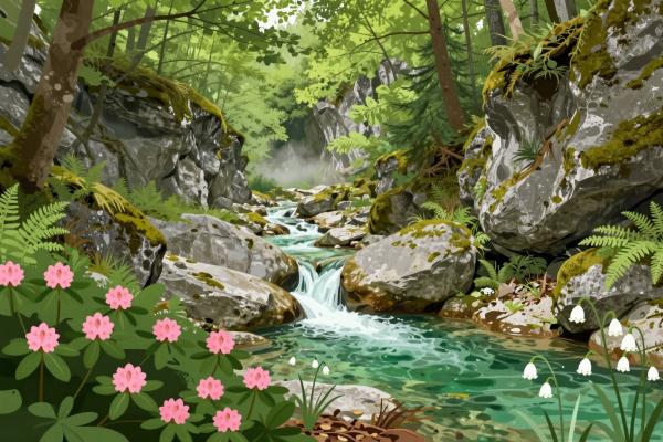 Lush vegetation and alpine plants (rhododendrons, spring snowflakes)