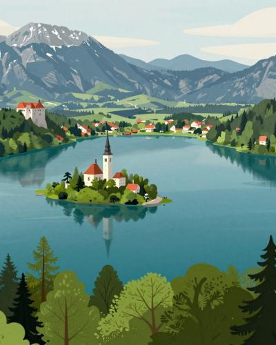 AI-generated illustration of the panoramic Lake Bled view from Mala and Velika Osojnica, Slovenia