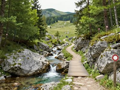 AI-generated illustration of marked hiking paths from Iški Vintgar toward Rakitna, Krim and Bloke — a waymarked trail beside a mountain stream climbing to highland meadows