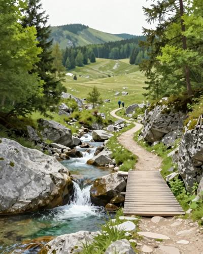 AI-generated illustration of marked hiking paths from Iški Vintgar toward Rakitna, Krim and Bloke — a waymarked trail beside a mountain stream climbing to highland meadows