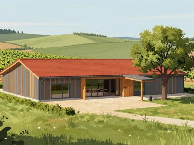 AI-generated illustration of Marof Winery — a modern low winery hall with a red tiled roof and finely striped facade amid Prekmurje vineyards