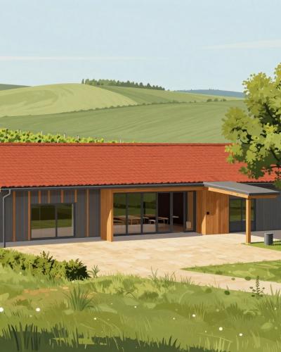 AI-generated illustration of Marof Winery — a modern low winery hall with a red tiled roof and finely striped facade amid Prekmurje vineyards