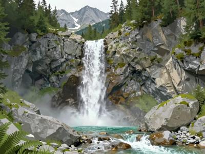 AI-generated illustration of the Martuljek Waterfalls plunging through a limestone gorge beneath jagged alpine peaks near Kranjska Gora