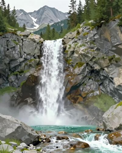 AI-generated illustration of the Martuljek Waterfalls plunging through a limestone gorge beneath jagged alpine peaks near Kranjska Gora
