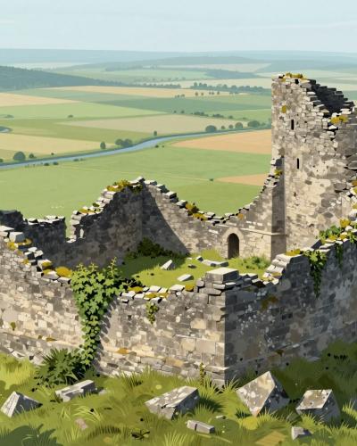 AI-generated illustration of medieval castle remnants — overgrown ruined walls and a broken tower overlooking the karst plain of Planinsko polje