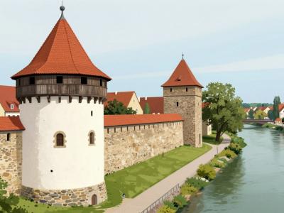 AI-generated illustration of the Medieval City Walls of Maribor — the round white tower with its red conical roof and wall remnants along the Drava embankment