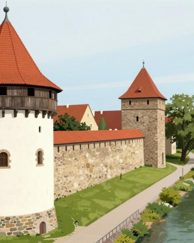 AI-generated illustration of the Medieval City Walls of Maribor — the round white tower with its red conical roof and wall remnants along the Drava embankment