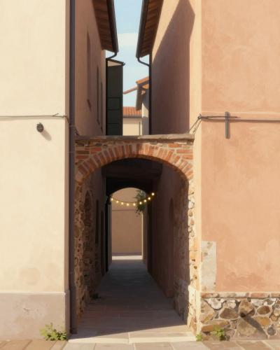 AI-generated illustration of the Medieval Tunnel To Nowhere — a narrow firebreak passage strung with lights between two old townhouses in Ljubljana's old town