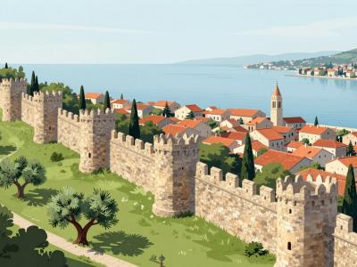 AI-generated illustration of the Medieval Walls of Piran — battlemented stone towers on a green hillside above the red-roofed old town and the Adriatic