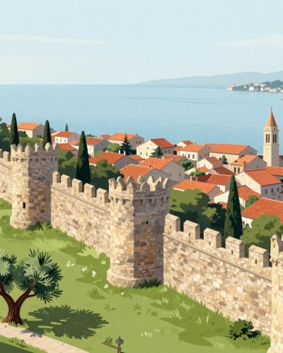 AI-generated illustration of the Medieval Walls of Piran — battlemented stone towers on a green hillside above the red-roofed old town and the Adriatic