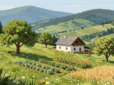 AI-generated illustration of Meglič Organic Farm — a hillside farm with old fruit trees, herb beds and grain fields amid the Pohorje hills