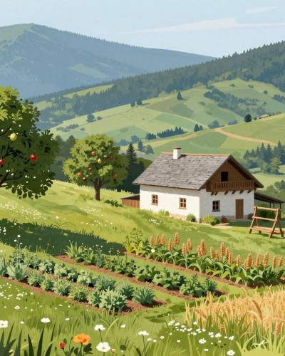 AI-generated illustration of Meglič Organic Farm — a hillside farm with old fruit trees, herb beds and grain fields amid the Pohorje hills