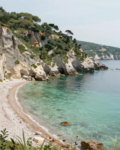 AI-generated illustration of Mesečev Zaliv (Moon Bay), a crescent-shaped pebble bay beneath flysch cliffs in Strunjan Nature Park