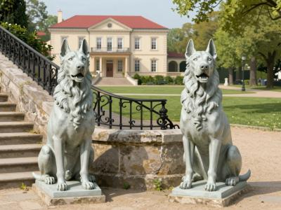 AI-generated illustration of the Metal Guard Dogs Sculptures, cast-iron hounds on stone pedestals at the staircase below Tivoli Mansion in Ljubljana