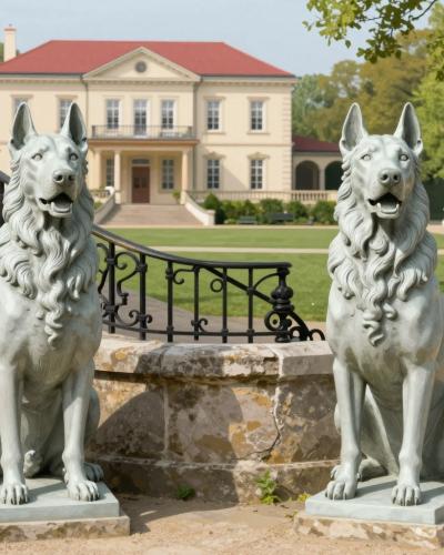 AI-generated illustration of the Metal Guard Dogs Sculptures, cast-iron hounds on stone pedestals at the staircase below Tivoli Mansion in Ljubljana