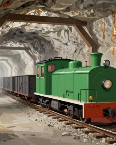 AI-generated illustration of Mežica Mine, a green mine train in a tunnel of pale limestone with ore veins beneath Mount Peca