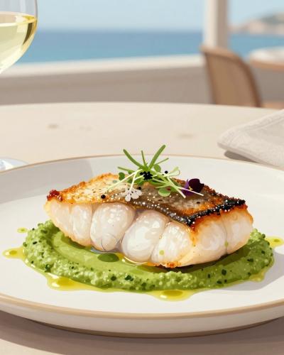 AI-generated illustration of Michelin-awarded dining in Izola, an elegant seafood plate with white wine in a coastal dining room