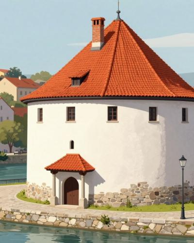 AI-generated illustration of the Mihelič Gallery in Ptuj, housed in the round Renaissance Drava Tower on the riverbank