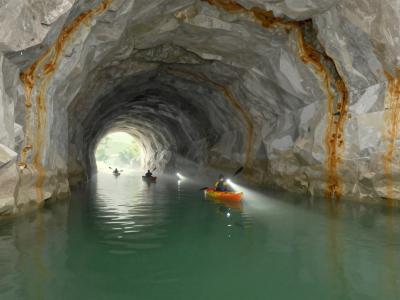 AI-generated illustration of Mine Tours at Podzemlje Pece, kayakers paddling through a flooded tunnel beneath Mount Peca