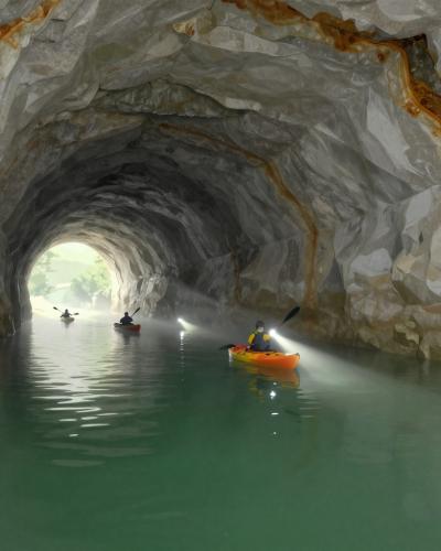 AI-generated illustration of Mine Tours at Podzemlje Pece, kayakers paddling through a flooded tunnel beneath Mount Peca