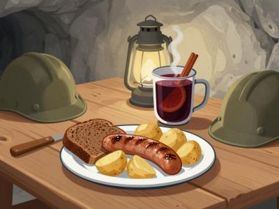 AI-generated illustration of a miner's lunch with mulled wine served at a rustic table in the Podzemlje Pece mine tunnels