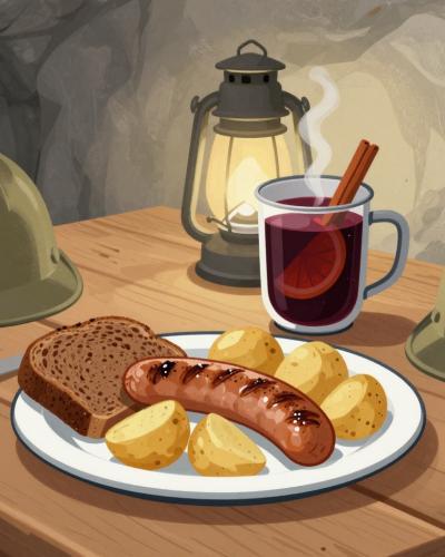 AI-generated illustration of a miner's lunch with mulled wine served at a rustic table in the Podzemlje Pece mine tunnels