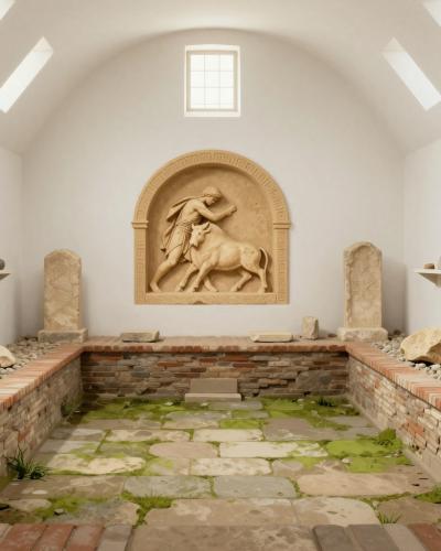 AI-generated illustration of Mithraeum I and III in Ptuj, an excavated Roman Mithras shrine with altars and a tauroctony relief inside its shelter hall