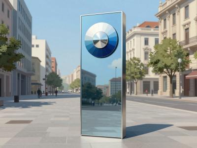 AI-generated illustration of the Monolithic Sculpture by Martin Bricelj Baraga in Ljubljana, a mirrored monolith with a graduated blue colour-wheel emblem