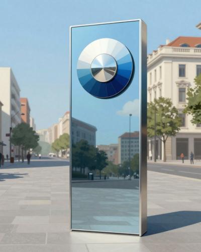 AI-generated illustration of the Monolithic Sculpture by Martin Bricelj Baraga in Ljubljana, a mirrored monolith with a graduated blue colour-wheel emblem