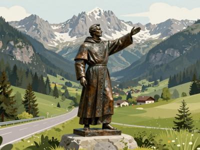 AI-generated illustration of the Jakob Aljaž monument near the main road in Dovje, a bronze statue with outstretched arm facing the Julian Alps